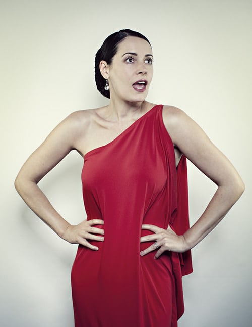 Paget-Brewster red dress